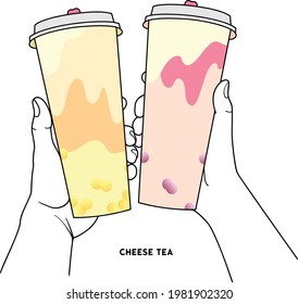 Hand holdeing cheese green tea with bubble tea plastic cup vector for branding illustration mock up.