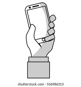 hand holdign a smartphone device icon over white background. vector illustration