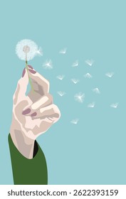 Hand holdin dandelion. Dandelion flying.Vector illustration.