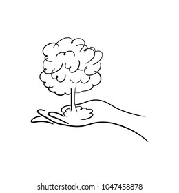 hand holdin a tree or atomic bomb vector illustration sketch hand drawn with black lines isolated on white background