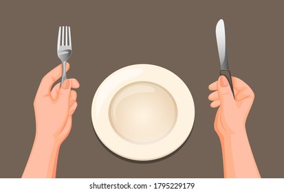 Hand holdind knife and fork with dish cutlery set ready to eat symbol in cartoon illustration vector