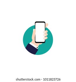 Hand holdind smartphone icon, flat design.