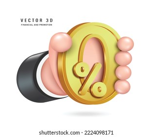 Hand holding  0% gold text 3d vector 3d isolated on white background cute minimalist style for advertisements about tax promotions or 0% interest reductions,zero percent for business and finance