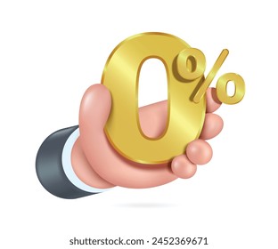 Hand halten 0% Goldtext 3D Vektorgrafik 3D isoliert auf weißem Hintergrund niedlicher minimalistischer Stil für Anzeigen über Steuererhöhungen oder 0% Zinsreduzierungen, Null Prozent für Unternehmen und Finanzen