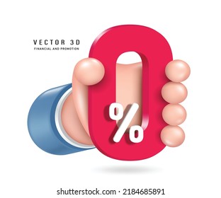 Mano izquierda sosteniendo 0% texto rojo 3d vector 3d aislado en fondo blanco lindo estilo minimalista para anuncios sobre promociones fiscales o reducciones de interés 0%, cero por ciento para empresas y finanzas