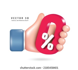 Mano izquierda sosteniendo 0% texto rojo 3d vector 3d aislado en fondo blanco lindo estilo minimalista para anuncios sobre promociones fiscales o reducciones de interés 0%, cero por ciento para empresas y finanzas