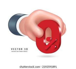 Hand holding  0% red text 3d vector 3d isolated on white background cute minimalist style for advertisements about tax promotions or 0% interest reductions,zero percent for business and finance