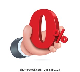 Mano sosteniendo 0% texto rojo 3d Vector 3d aislado sobre fondo blanco lindo estilo minimalista para anuncios sobre promociones de impuestos o 0% de reducciones de interés, cero por ciento para negocios y finanzas