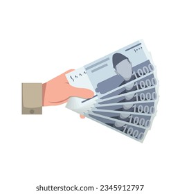 Hand holding 1000 rupees notes. Pakistan currency. Money investments. Giving money. Vector