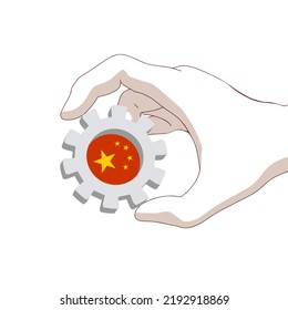 Hand holding 3D cog wheel with flag of China. Precision machinery relative backdrop