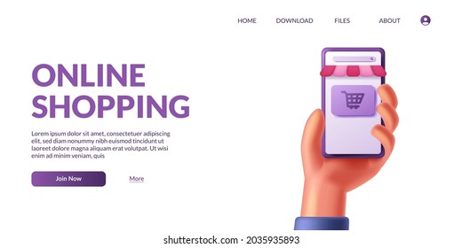 Hand Holding 3d Cute Mobile Smart Phone With Shop App Ecommerce. Online Shopping Illustration Concept With 3d Icon.