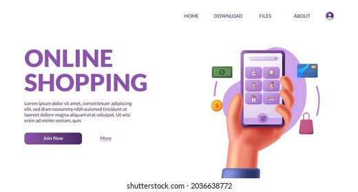 Hand holding 3d cute mobile smart phone with shop app ecommerce. Online shopping illustration concept with 3d icon.