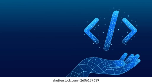 Hand holding a 3D digital programming code symbol in a light blue style on a technological background. Software and web development concept. JavaScript sign in a low-poly style - Powered by Shutterstock - Get 15% off with code: PIKWIZARD15