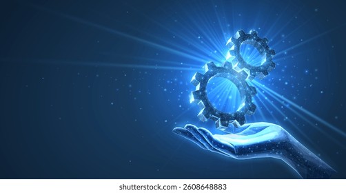 Hand holding 3d gear mechanism. Engine solution, digital technical support, gear cooperation, technology industry, software machinery, cog concept, wireframe design, tech background.