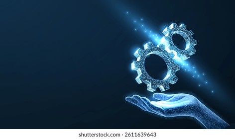 Hand holding 3d gear mechanism. Engine solution, digital technical support, gear cooperation, technology industry, software machinery, cog concept, wireframe design, tech background.