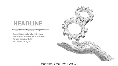 Hand holding 3d gear mechanism. Engine solution, digital technical support, gear cooperation, technology industry, software machinery, wireframe design, tech background, cog concept