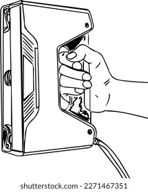 escáner 3d de mano, dibujo de esbozo de escáner 3D multifuncional para escanear y representar objetos en software 3d, ilustración de tecnología avanzada en 3d