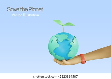 Hand holding 3D world with growing small plant for sustainable environment protection. Save the planet, world environment day and earth day concept.