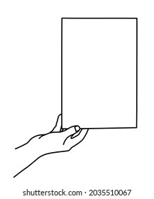 Hand holding A4 paper sheet hand drawn with thin line. Presenting document, showing memo, template for image. Vector illustration isolated on white background