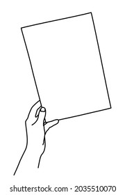 Hand, die ein Papierblatt A4 mit dünner Linie handgezeichnet hat. Vorstellung des Dokuments, Anzeige des Memos, Vorlage für das Bild. Vektorgrafik einzeln auf weißem Hintergrund