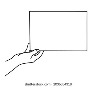 Mano sosteniendo la mano de la hoja de papel A4 dibujada a mano con línea delgada. Presentando documento, mostrando memo, plantilla para imagen. Ilustración del vector aislada en fondo blanco