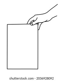 Mano sosteniendo la hoja de papel A4 con la mano dibujada con la línea delgada