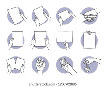 Hand holding A4 paper, staple, tearing, crumpled, and throwing away the paper. Vector illustration of hand holding a holding a paper horizontally and vertically. Hand destroy the paper and discard. 