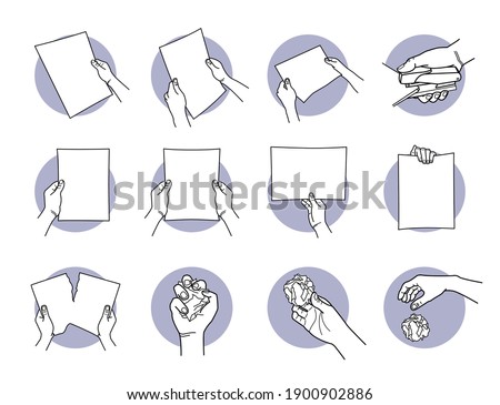 Hand holding A4 paper, staple, tearing, crumpled, and throwing away the paper. Vector illustration of hand holding a holding a paper horizontally and vertically. Hand destroy the paper and discard. 