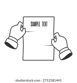 Hand holding an A4 sheet with blank space for text, message, note, announcement, or template in a simple clean vector style.