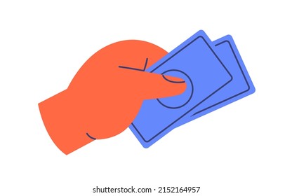 Hand holding abstarct paper money. Arm giving banknotes, paying on cash. Currency, bank notes in fingers icon. Finance, payment concept. Flat vector illustration isolated on white background