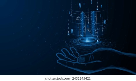 Mano sosteniendo flechas abstractas arriba y abajo sobre fondo azul oscuro. El concepto de transmisión o intercambio de datos digitales. fondo de tecnología de flecha azul
