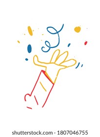 Hand holding abstract shape and confetti to celebrate happy event. Vector illustration, primary bright color and hand drawn. Isolated on White.