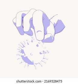 Hand, die abstraktes kugelförmiges Virus hält. Relative Abbildung von Viruserkrankungen. Konzept der Medizin, Biotechnologie und Biochemie