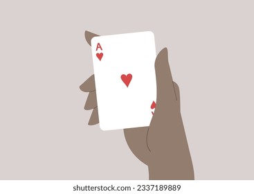 A hand holding the ace of hearts