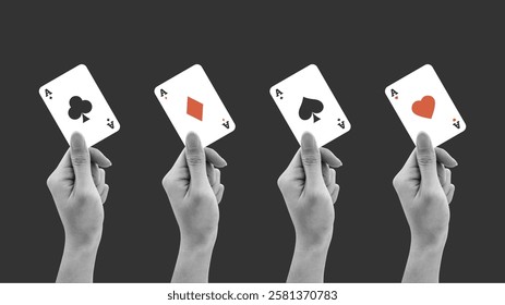 Hand holding aces solitaire playing cards. Clubs, diamonds, hearts and spades sign. Collage illustration in vector format isolated