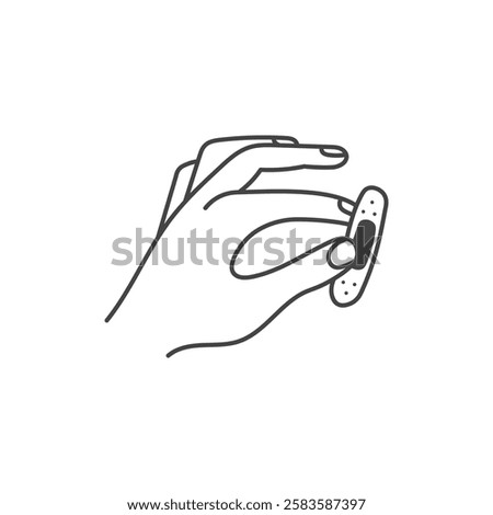 Hand Holding Adhesive Bandage. Outline vector illustration of gesture showing band aid patch. Fingers with medical plaster. First aid and health care symbol.