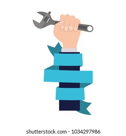 hand holding adjustable wrench with decorative blue ribbon around of arm colorful silhouette