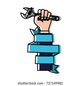 hand holding adjustable wrench with decorative blue ribbon around of arm watercolor silhouette vector illustration