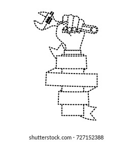 hand holding adjustable wrench with decorative ribbon around of arm monochrome dotted silhouette vector illustration