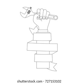 hand holding adjustable wrench with decorative ribbon around of arm monochrome silhouette vector illustration
