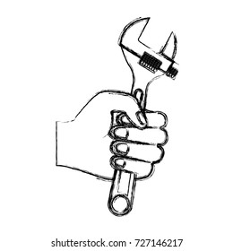hand holding adjustable wrench flat icon monochrome blurred silhouette vector illustration