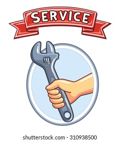 Hand holding an adjustable wrench and a red ribbon banner.