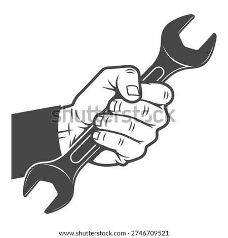 Hand holding adjustable wrench tool for fixing and repairing closeup icon