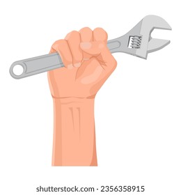 Hand Holding Adjustable Wrench Vector Illustration Isolated on White Background. Hand Holding Metal Wrench Vector Illustration.