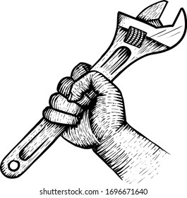 Hand holding adjustable wrench. Wood engraving drawing style.