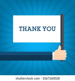 Hand holding advertising flag with thank you message , flat design vector illustration.