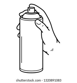 Hand Holding Aerosol Spray Can. Vector Outline Icon Isolated On White Background.