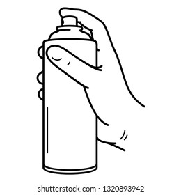 Hand Holding Aerosol Spray Can. Vector Outline Icon Isolated On White Background.