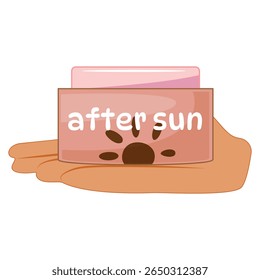 Hand holding after sun lotion jar, skincare product, summer sun protection, cosmetic vector illustration