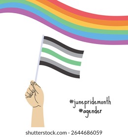A hand holding agender pride flag. LGBT pride month square banner. Vector illustration for an annual celebration of gender diversity